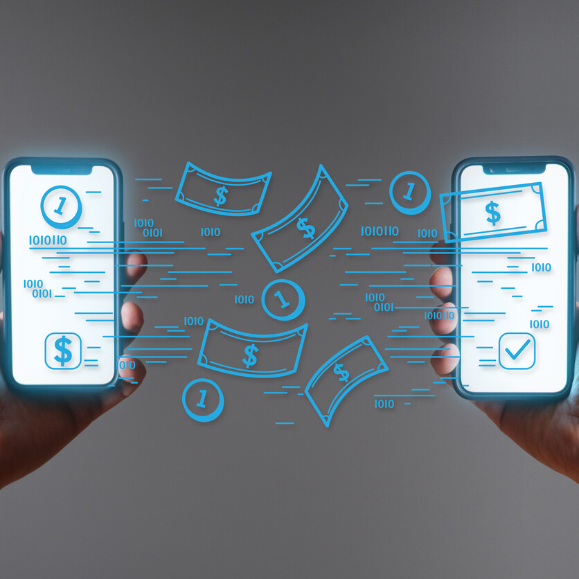 Illustration numérique de virements d’argent sécuritaires entre deux téléphones intelligents, symbolisant transactions bancaires en ligne protégées.